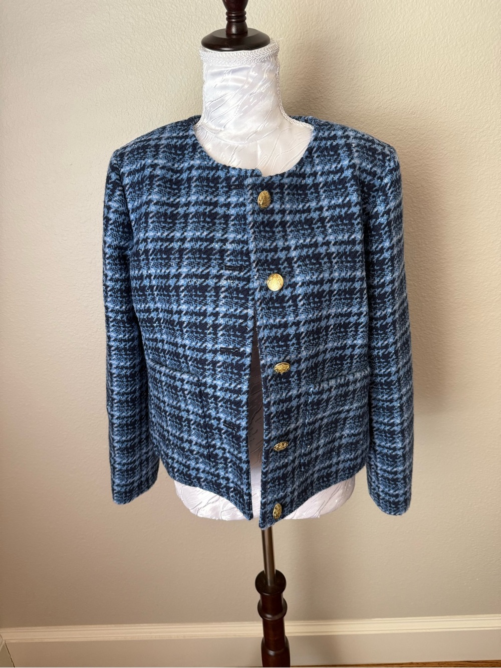 J. Crew Blue Houndstooth Tweed Jacket with Gold Buttons